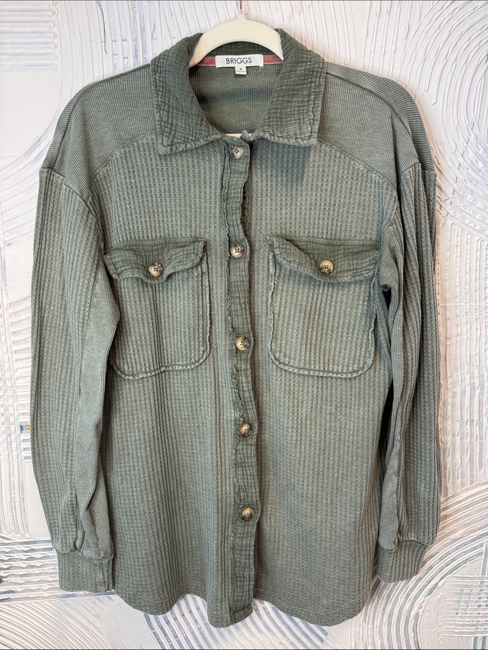 Briggs New York Olive Green Ribbed Knit Shirt N0573